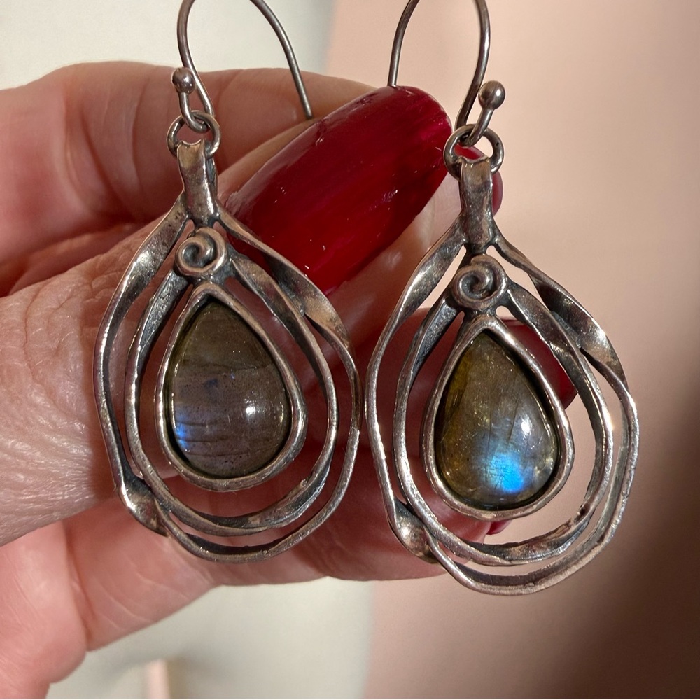 Vintage Sterling silver Israel labradorite brutalist modernist designer earrings - Picture 4 of 14